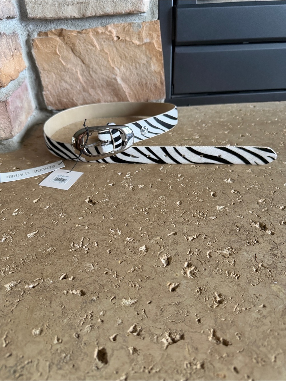 NWT Rachel Zoe White and Black Zebra Print Leather Belt with Silver Buckle